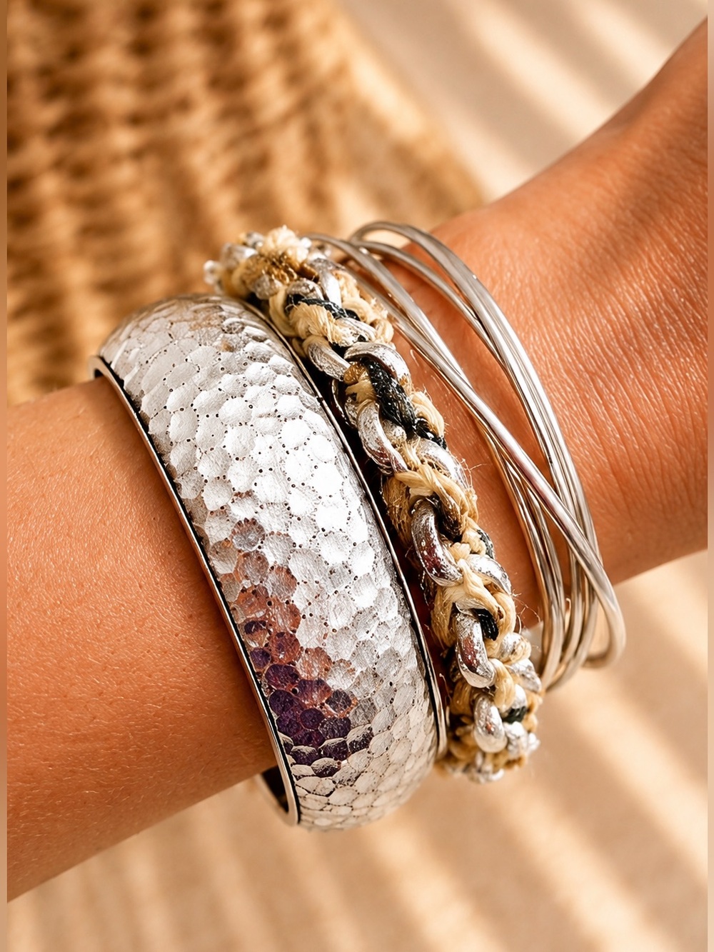 Silver Bangles Set | Boho Mixed Texture Set - Picture 3 of 7